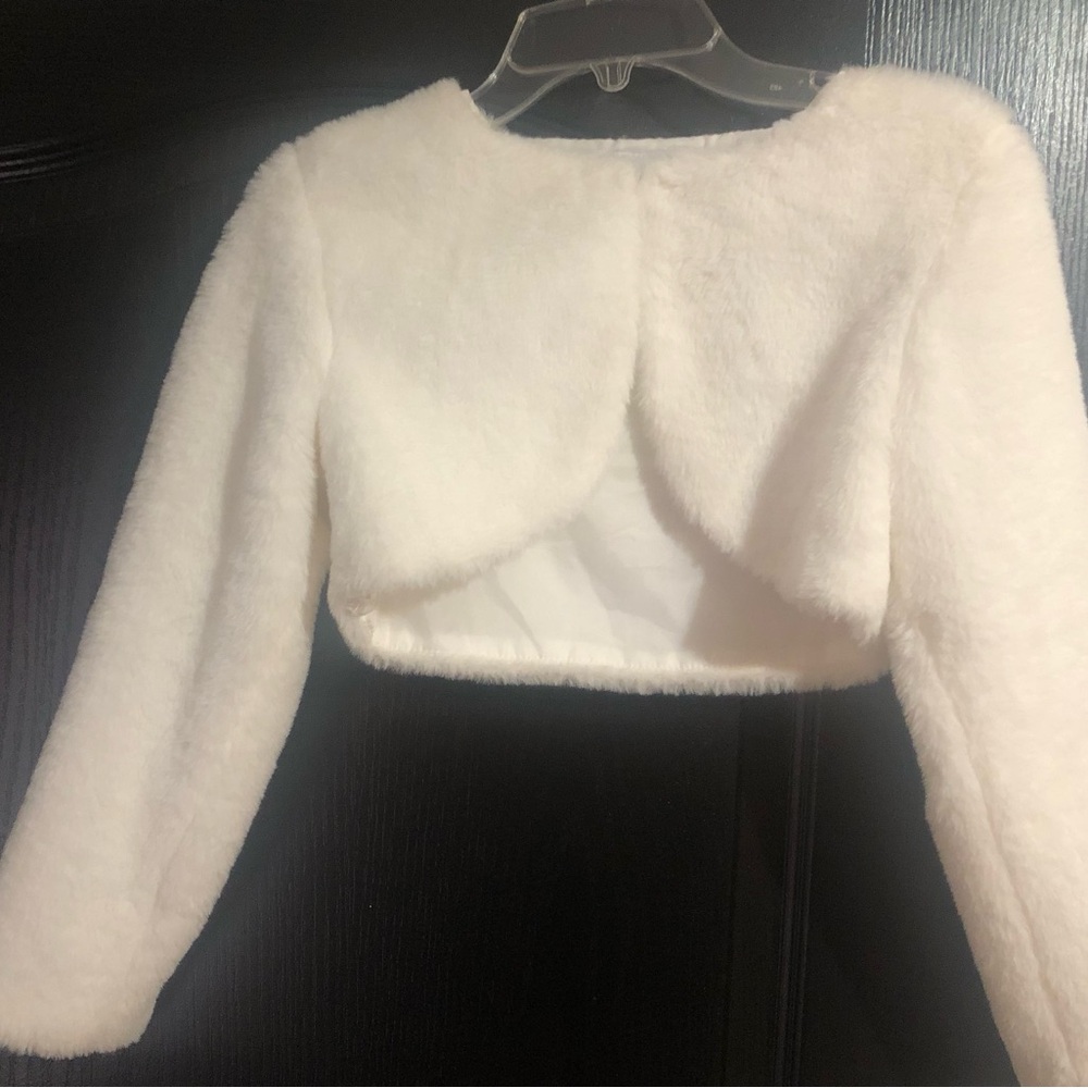 Girls White Faux Fur Cropped Jacket